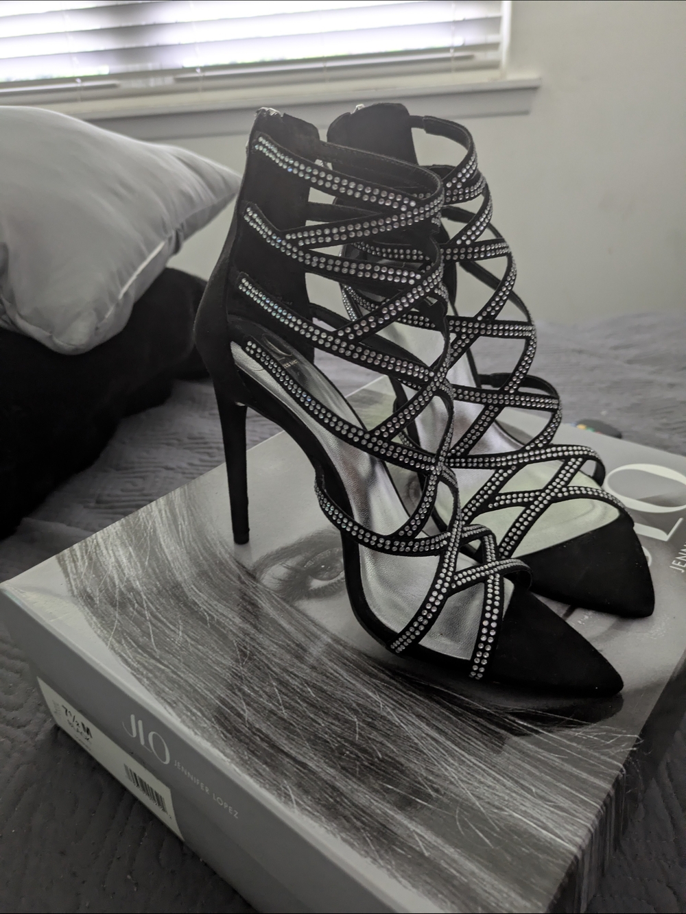 Jennifer Lopez Black Rhinestone Strappy Stiletto Heels